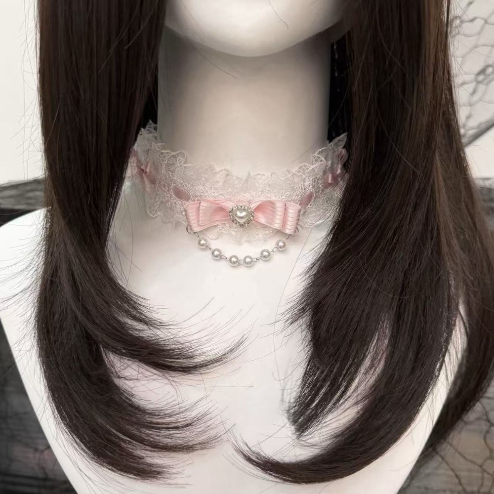 Lace Bow Ruffle Fashion Choker - Pearl Choker Necklace Vintage ulasan dan harga