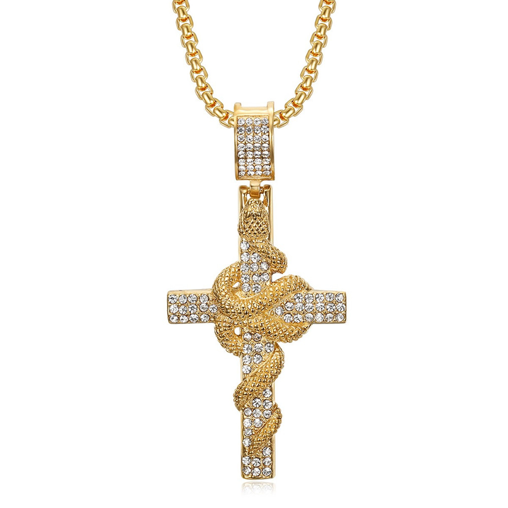 Snake Pattern Carved Stainless - Cross Pendant Necklace Gold ulasan dan harga