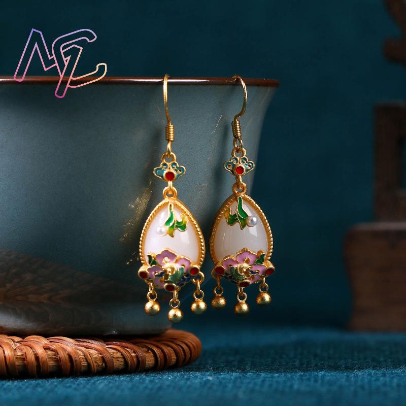 Natural Jade Flower Earrings C - Earrings ulasan dan harga