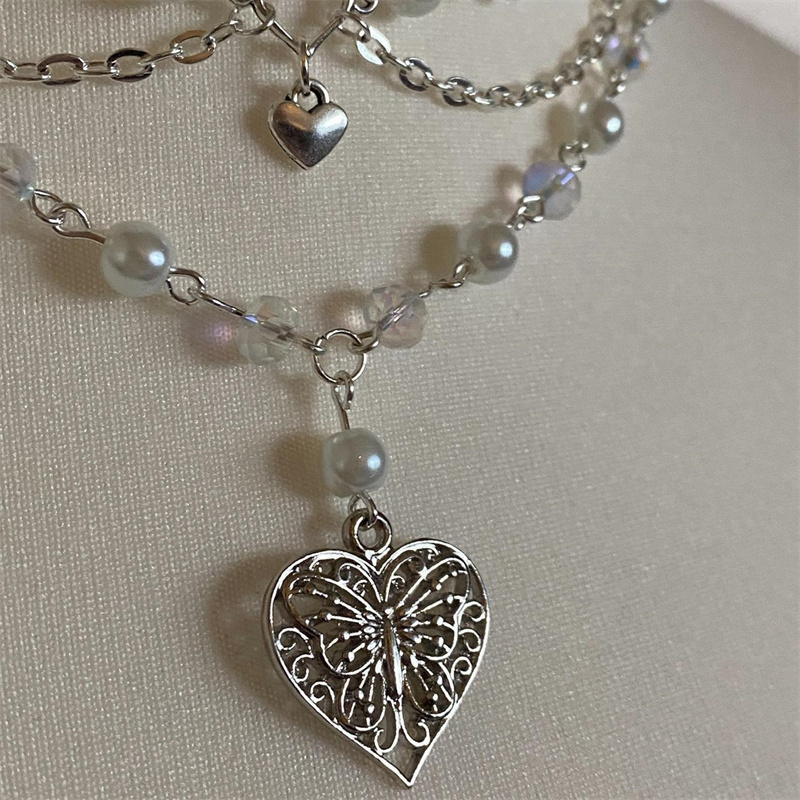 Butterfly Heart Pearls Necklac - Pearl Choker Necklace Vintage ulasan dan harga